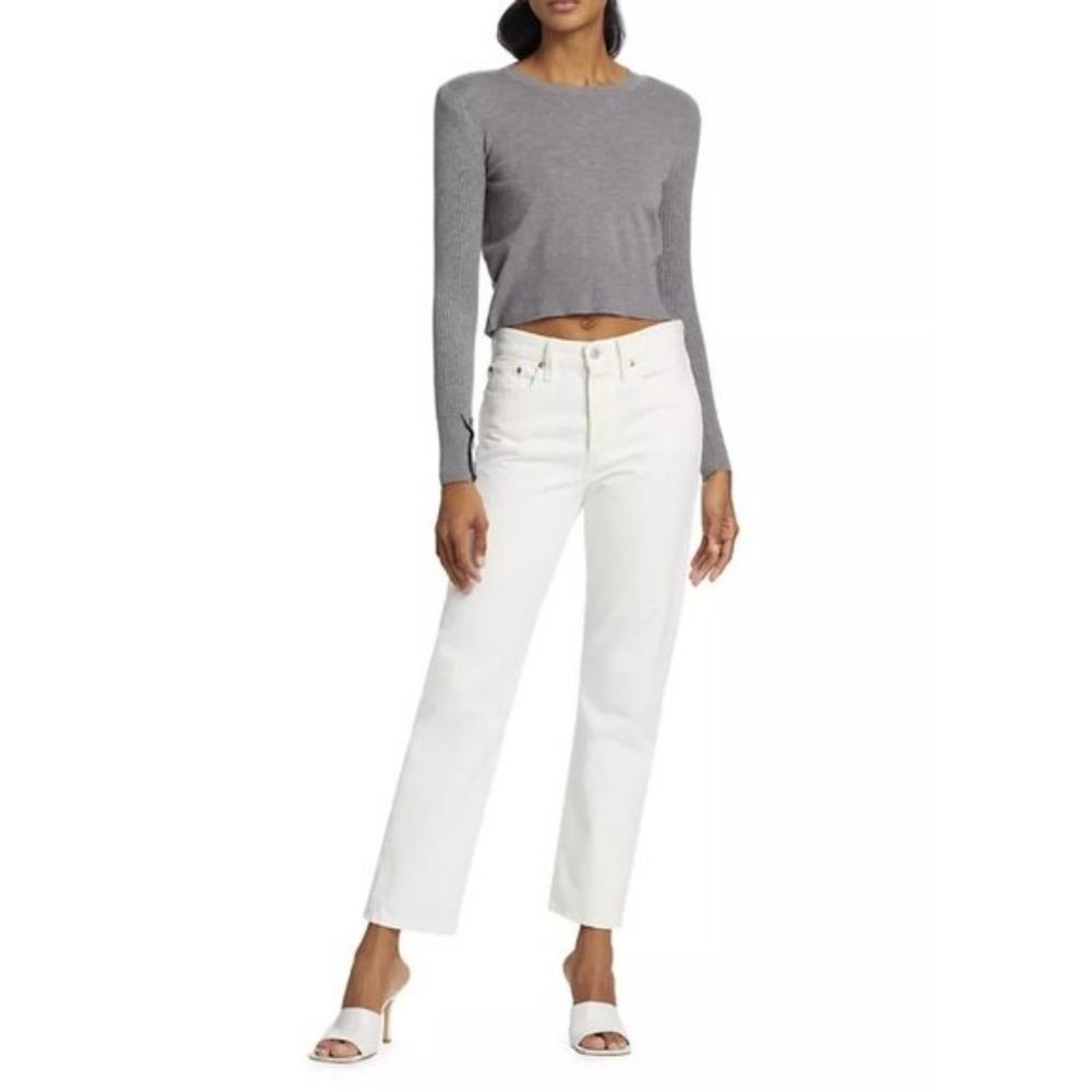 NWT L'AGENCE‎ Sky Crewneck Crop Sweater Padded Shoulders Jewel Crystal Buttons
